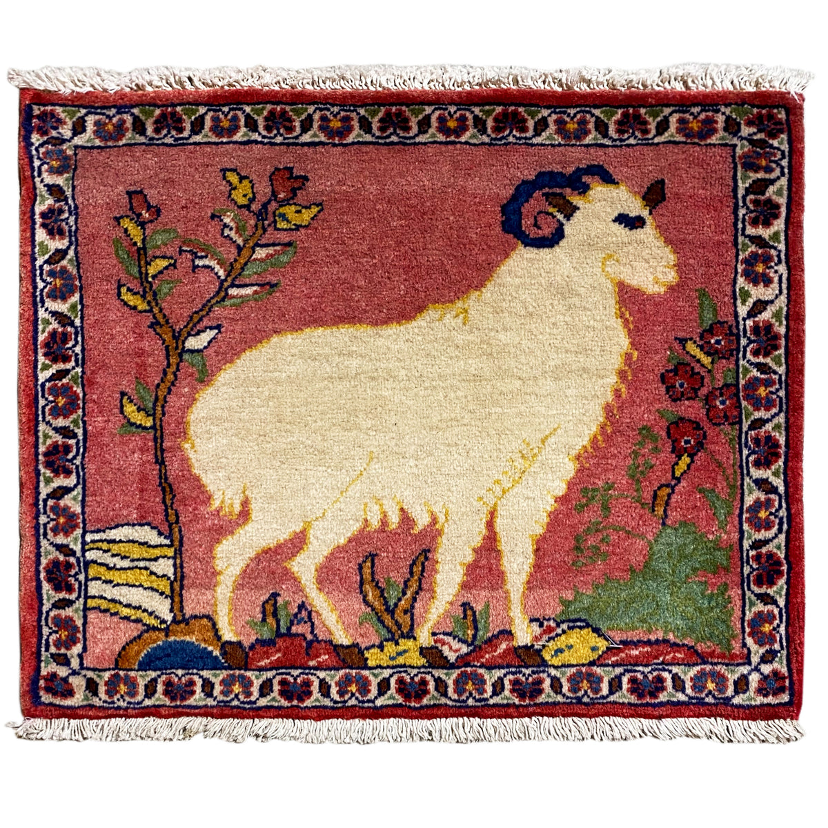 Carpet 54x48 cm with fringes, red background, and animal motif in a floral frame