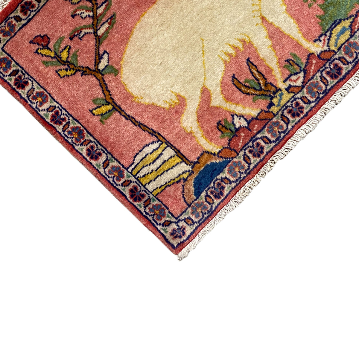 Rug corner with a floral border and animal motif, red and beige, fine edging and fringes
