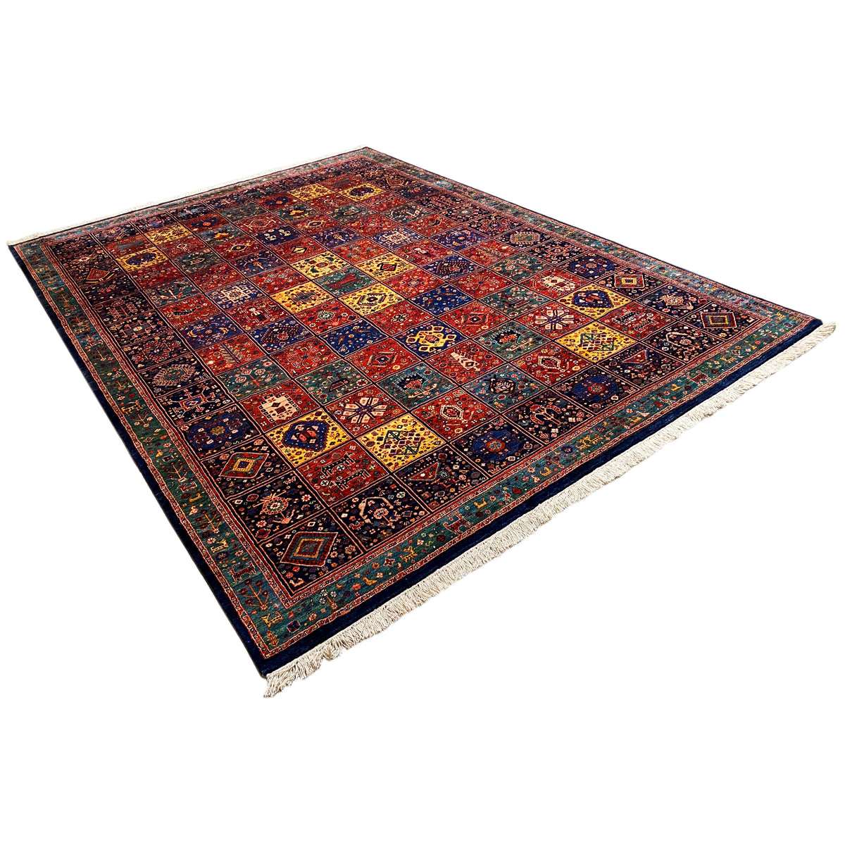 Qashqai rug with a square appearance, diagonal view with colorful ornamentation and fringes