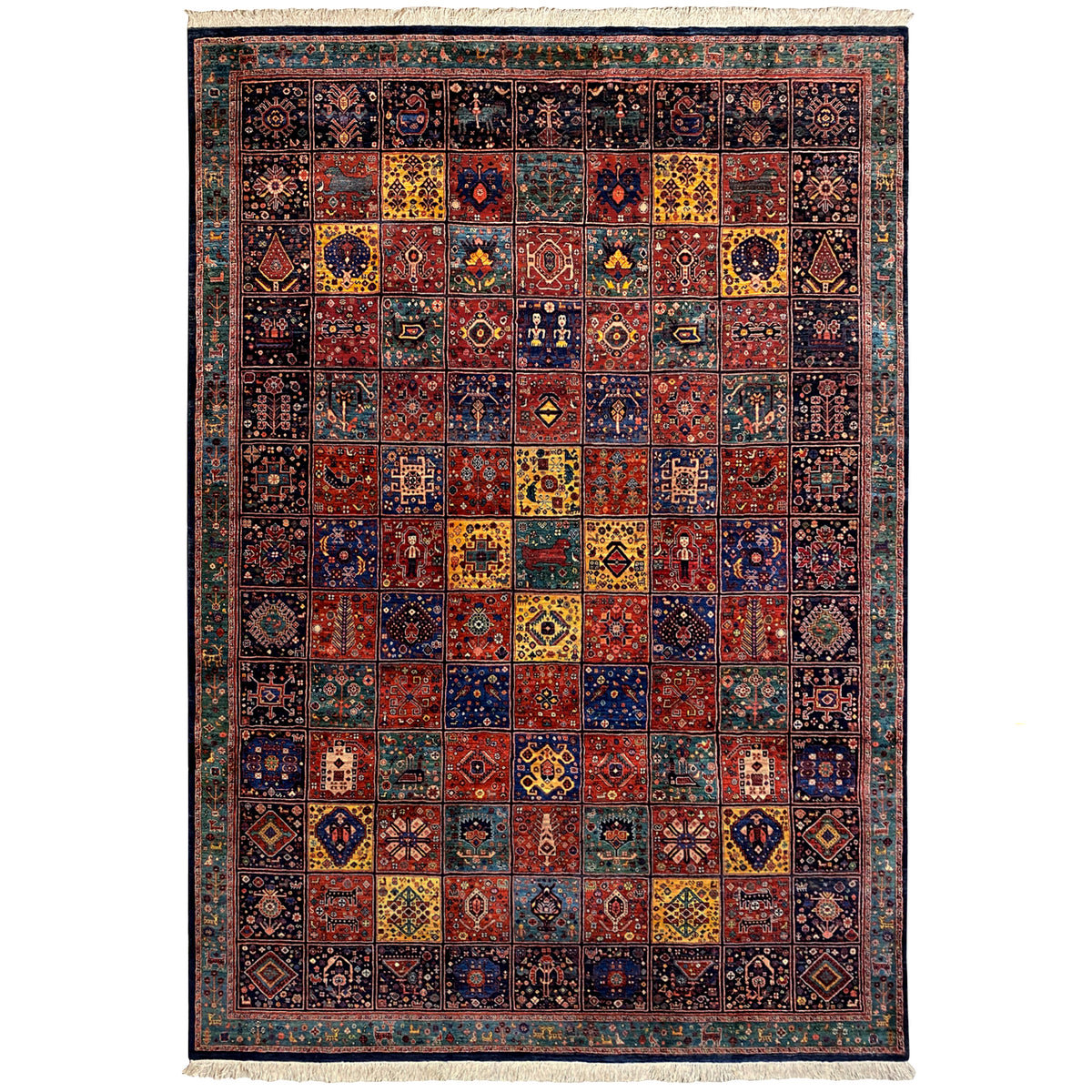 Qashqai rug with colorful patchwork ornament, dark background, and bordered edge