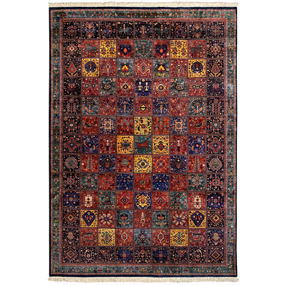 Qashqai rug with colorful patchwork ornament, dark background, and bordered edge