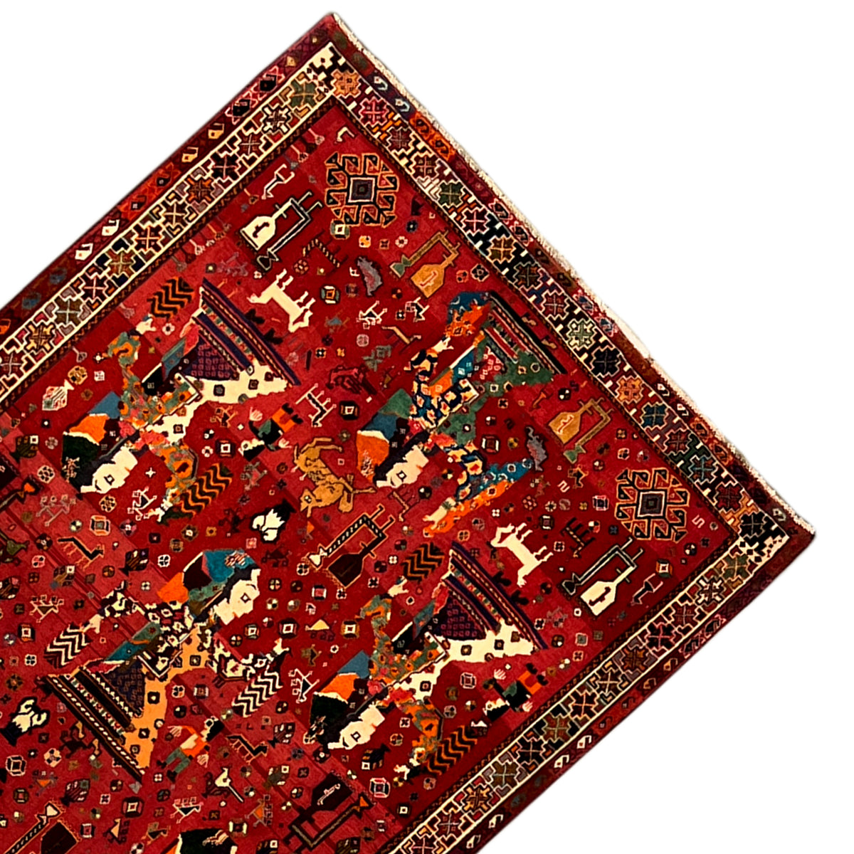 Qashqai rug corner with a red background, multicolored figures, and decorative border