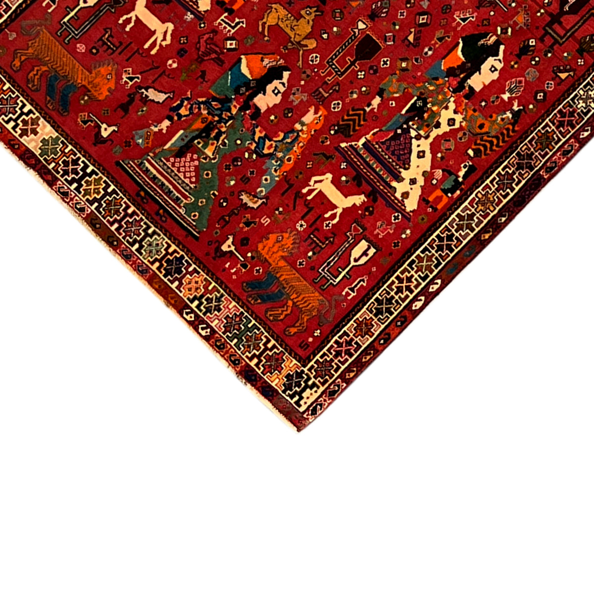 Qashqai rug diagonal: red base design with animal and figure motifs