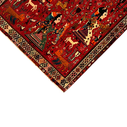 Qashqai rug diagonal: red base design with animal and figure motifs