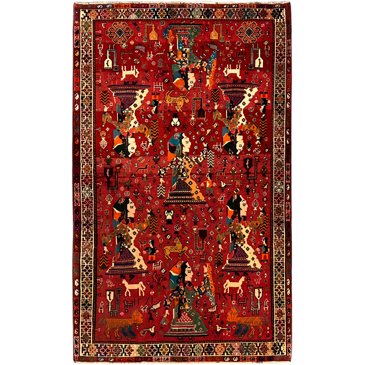 Qashqai rug with a red background, multicolored motifs, and a decorative border