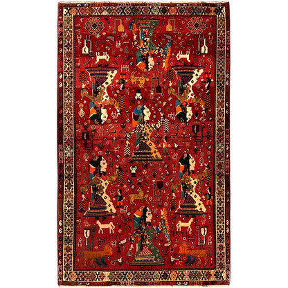 Qashqai rug with a red background, multicolored motifs, and a decorative border