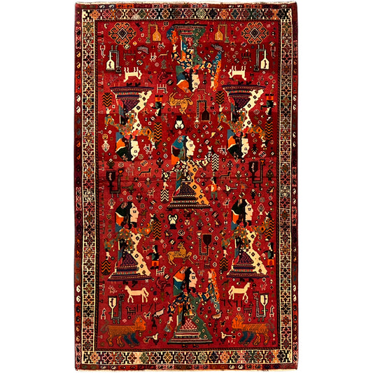 Qashqai rug with a red background, multicolored motifs, and a decorative border