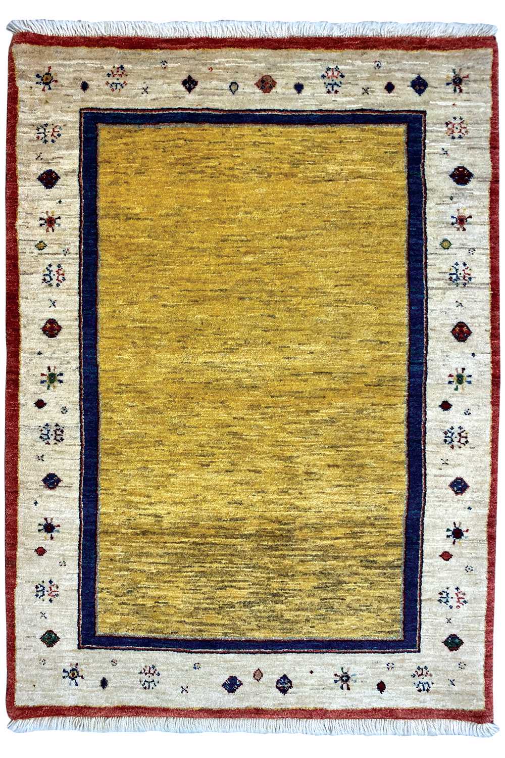 Rug with a yellow central field, blue border, and red and patterned borders, 121x81 cm