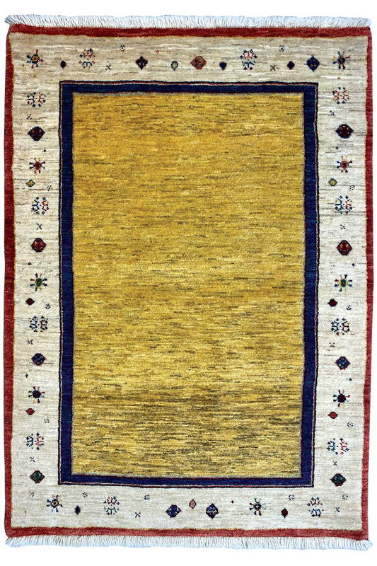 Rug with a yellow central field, blue border, and red and patterned borders, 121x81 cm