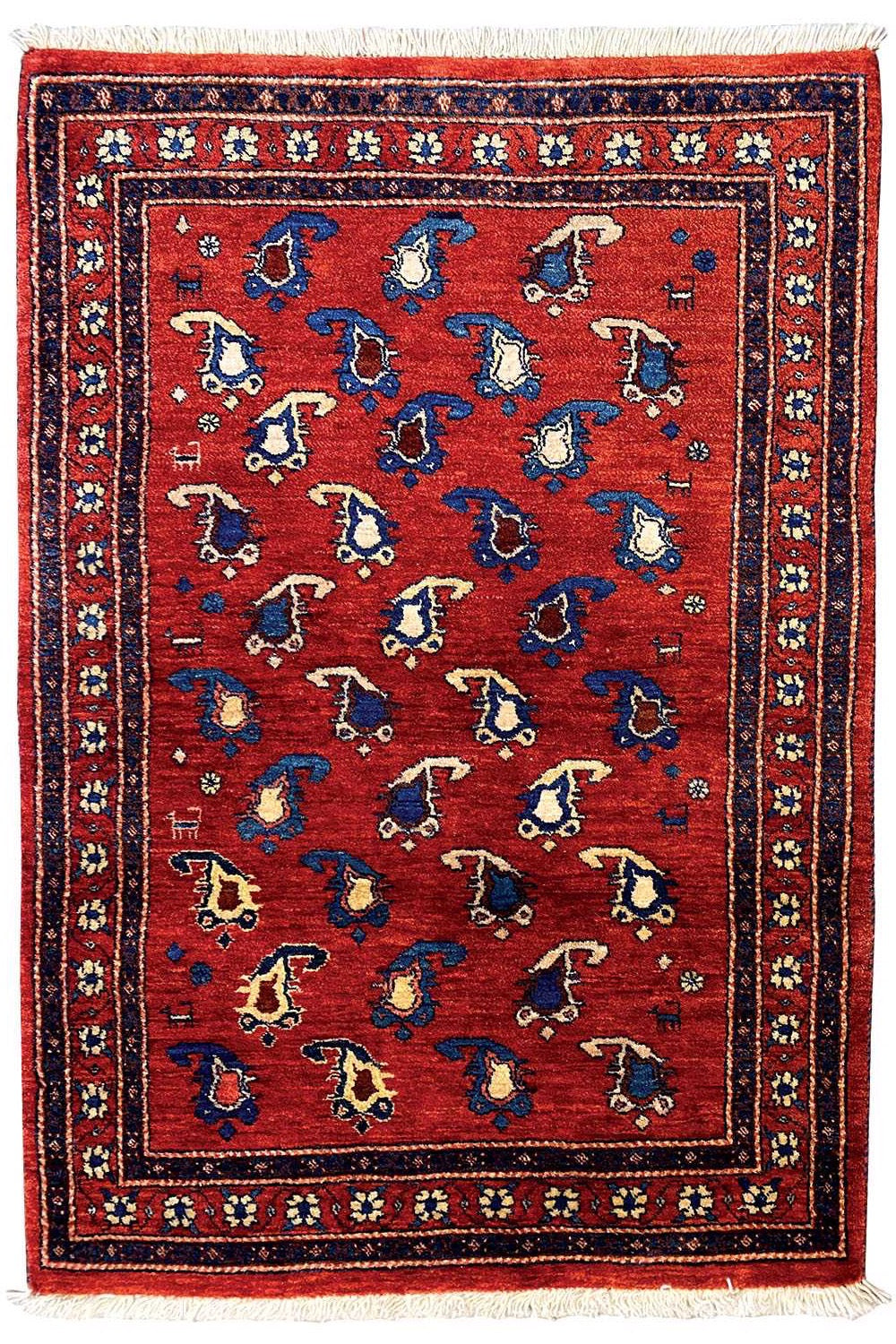 Qashqai rug 126×81 cm with red field, blue all-over ornament and fringes