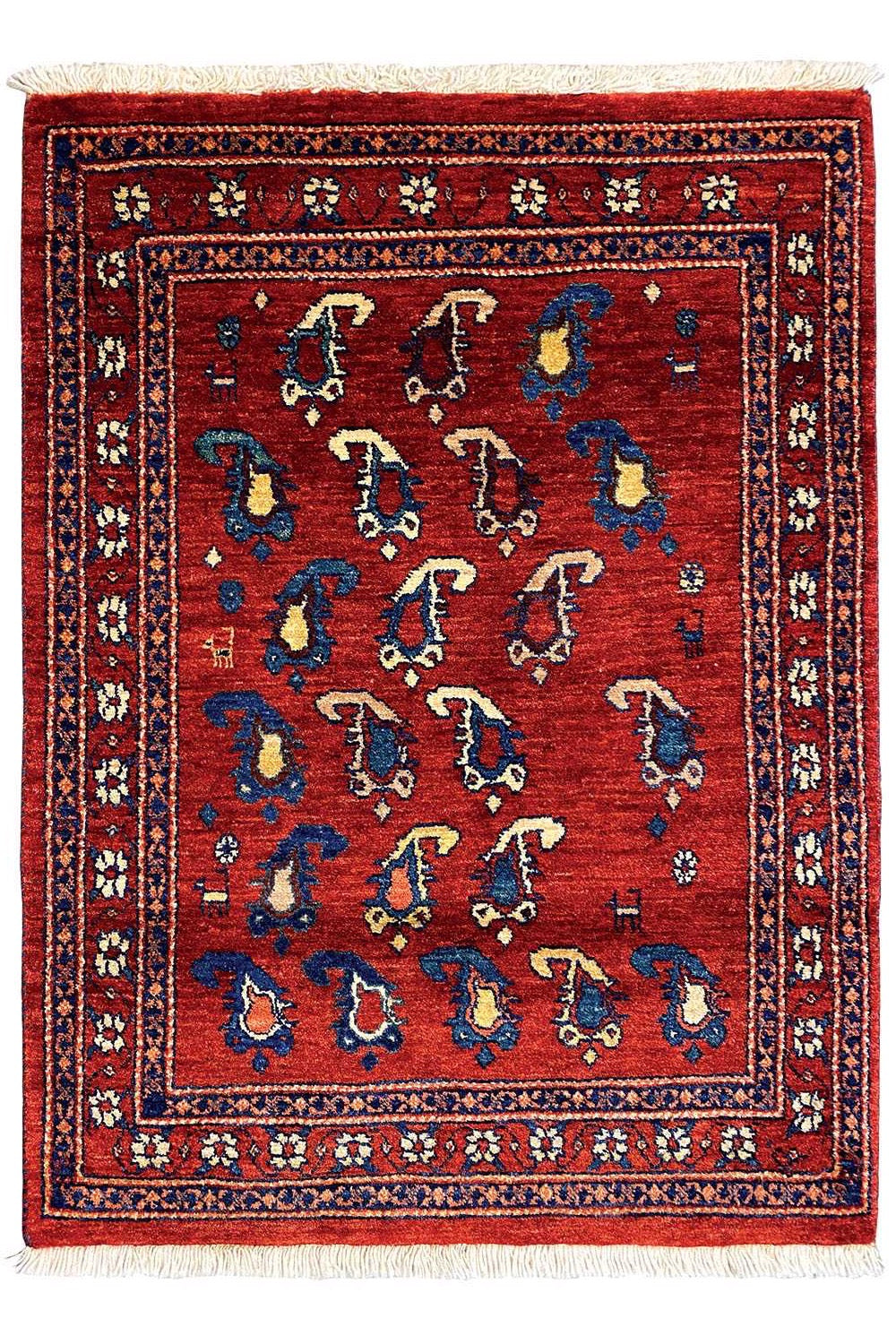 Rug 104x77 cm with a red background and blue octagonal ornament, with fringes all around