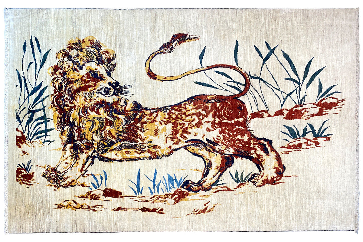 Rectangular rug with a reclining lion in red, brown and blue on a light background