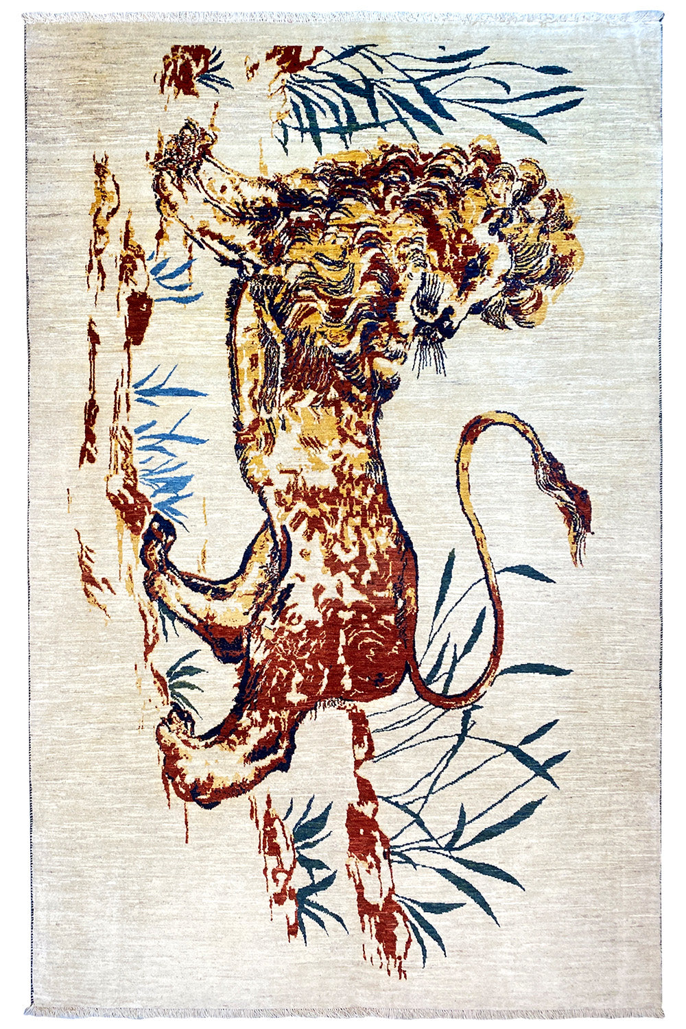 Large oriental rug with a seated lion, red and blue plant ornaments