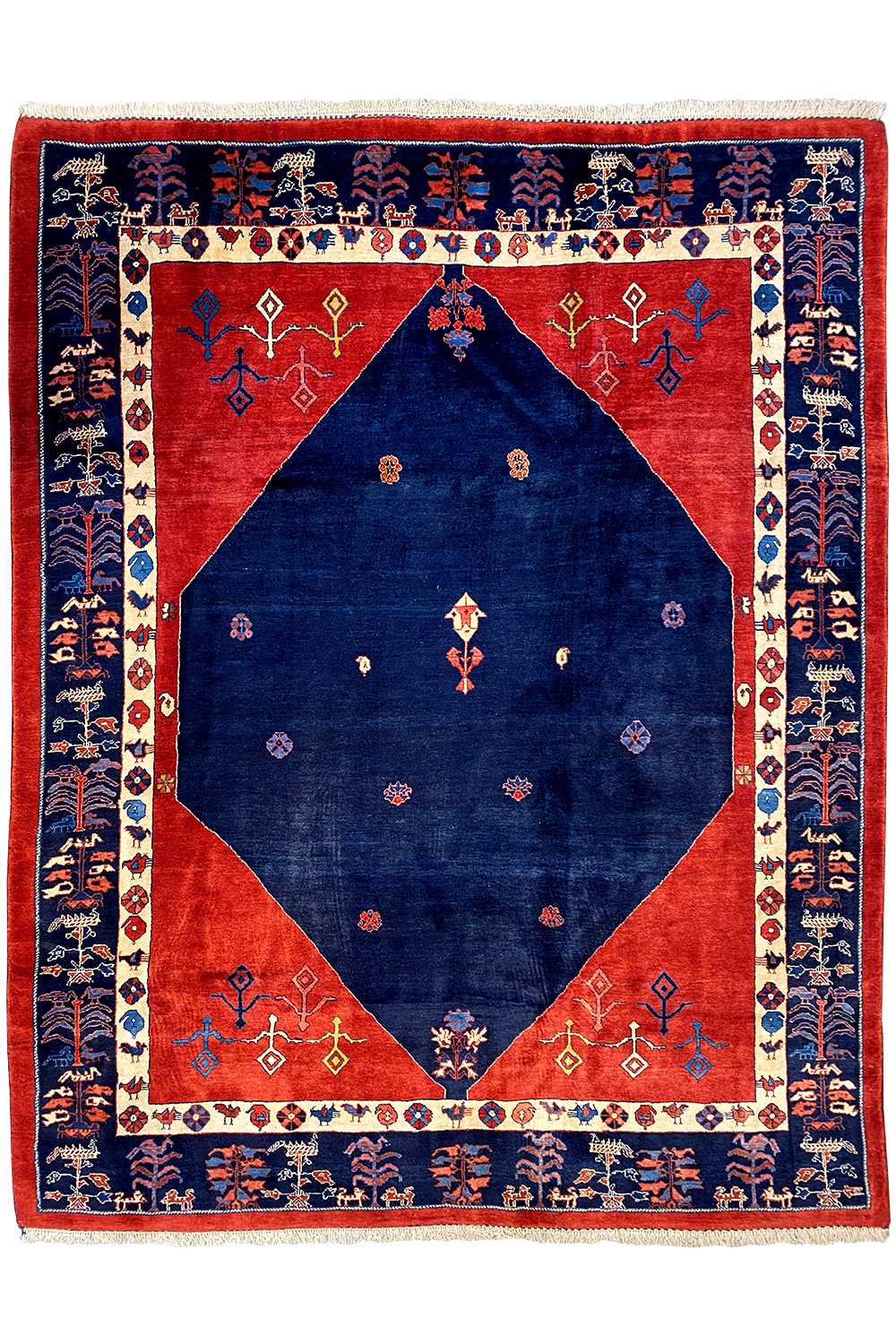 Square rug: blue center, red frame pattern, and decorative border