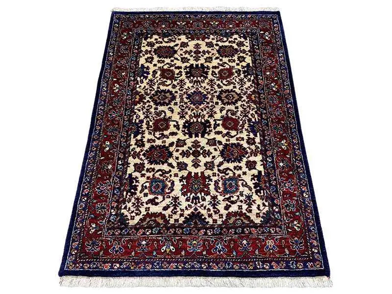 Rug with an oriental pattern, beige background, dark blue and red, fringed edge