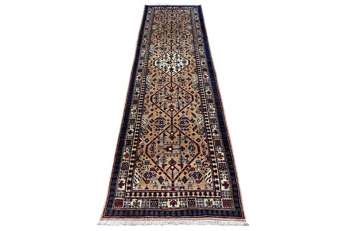 Runner rug with a geometric ornamental pattern, cream, dark blue and red, fringes
