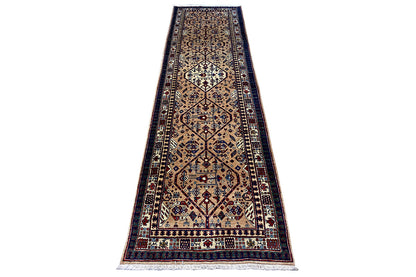 Runner rug with a geometric ornamental pattern, cream, dark blue and red, fringes