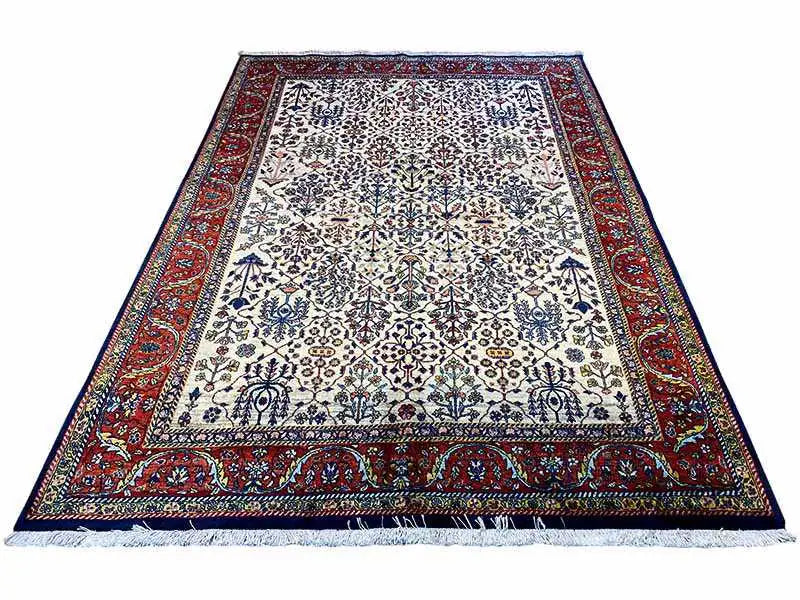 Oriental rug with a light central field and red border, rectangular