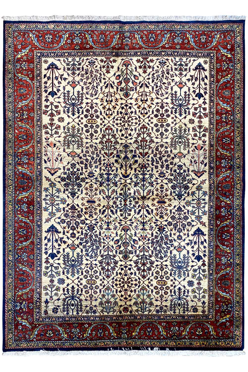 Oriental rug with a beige background, blue-red ornaments and decorative border, rectangular