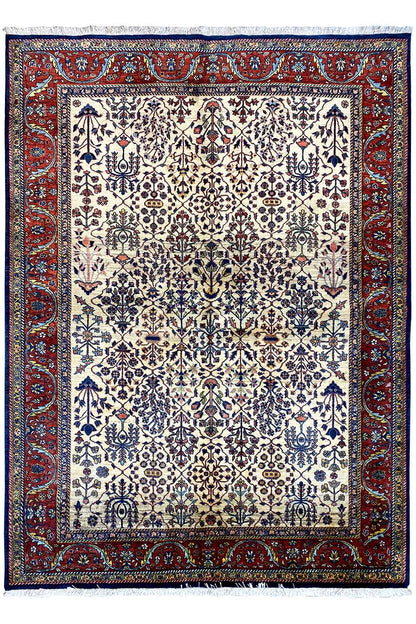 Oriental rug with a beige background, blue-red ornaments and decorative border, rectangular