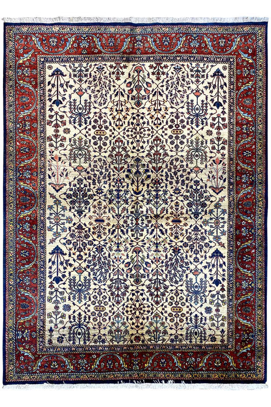 Oriental rug with a beige background, blue-red ornaments and decorative border, rectangular
