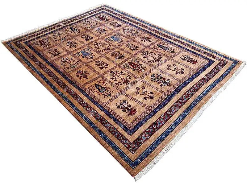 Square rug, beige base with a dark blue decorative border