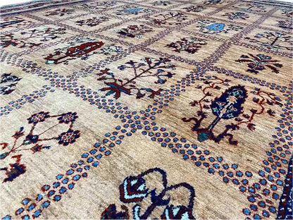 Carpet detail with cross and ornament motifs in blue, dark red and beige