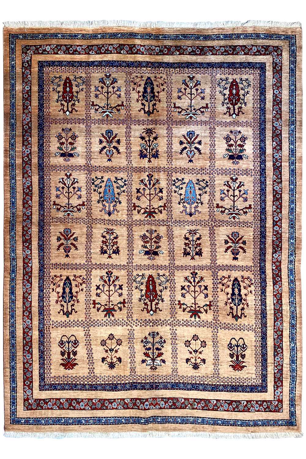 Beige rug with a square ornamental field framed by blue borders