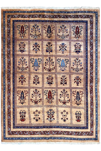 Beige rug with a square ornamental field framed by blue borders