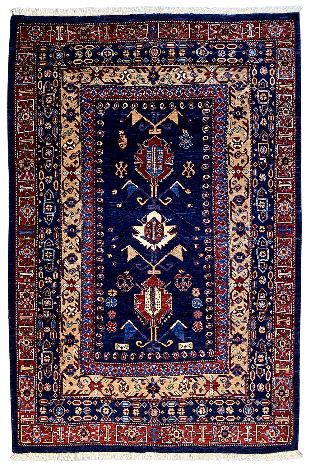 Rug with a dark blue field, red border, and ornamental central medallion