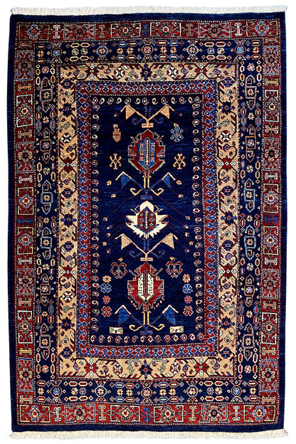 Rug with a dark blue field, red border, and ornamental central medallion