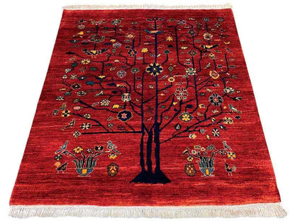 Red Oriental rug with tree motif and fringes, 110x105 cm