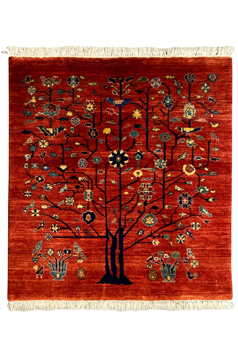 Qashqai rug with tree motif, red background, and fringes