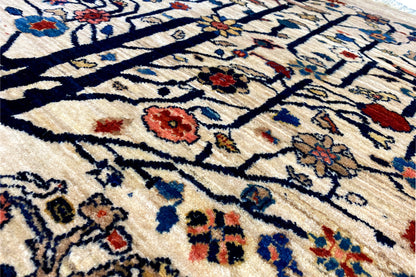Close-up: Oriental rug ornaments with blue lines, red flowers, and a beige background