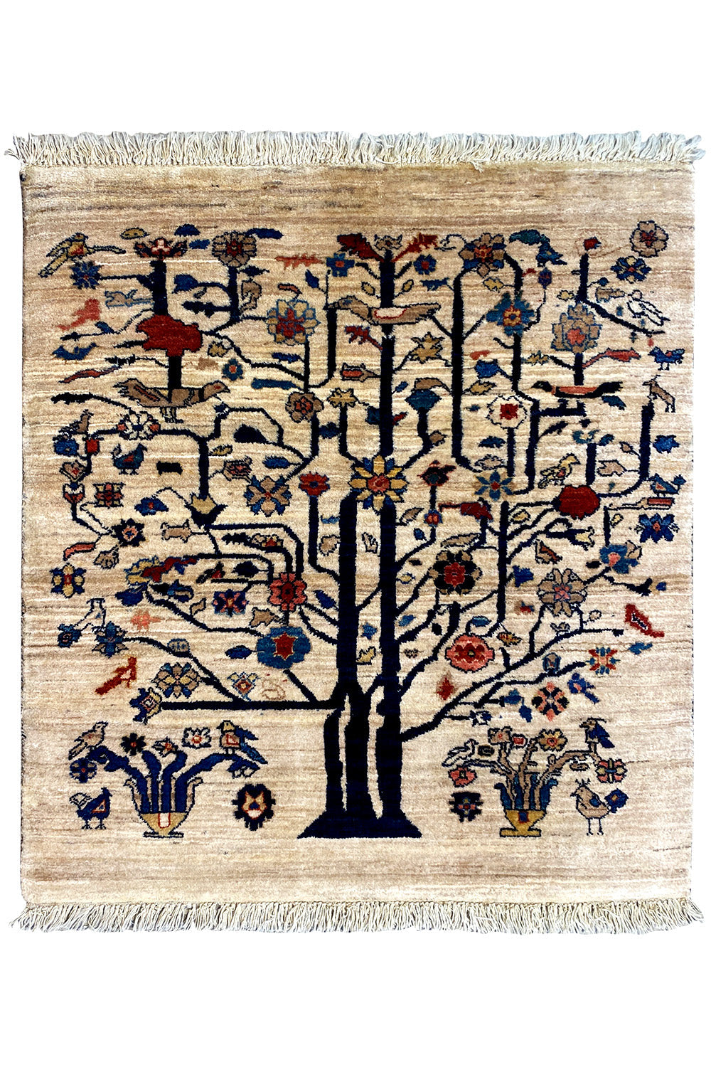 Oriental rug with a tree motif and floral ornaments, beige with dark blue accents