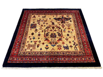 Square rug with a red border, beige patterned center, and dark blue edge