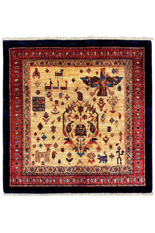 Square rug with a red border, beige field, and symmetrical ornaments