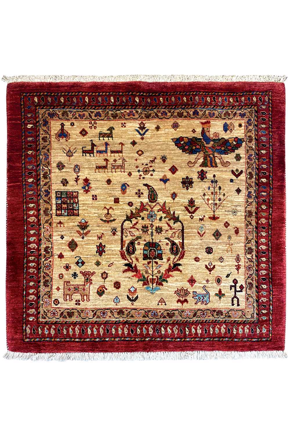 Square Oriental rug with a beige background, red border, and central medallion