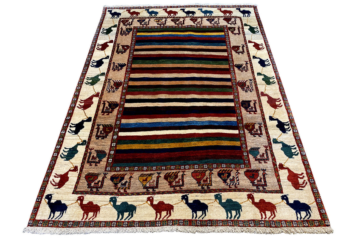 Beige oriental rug with an animal border and multicolored striped pattern