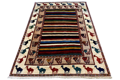 Beige oriental rug with an animal border and multicolored striped pattern