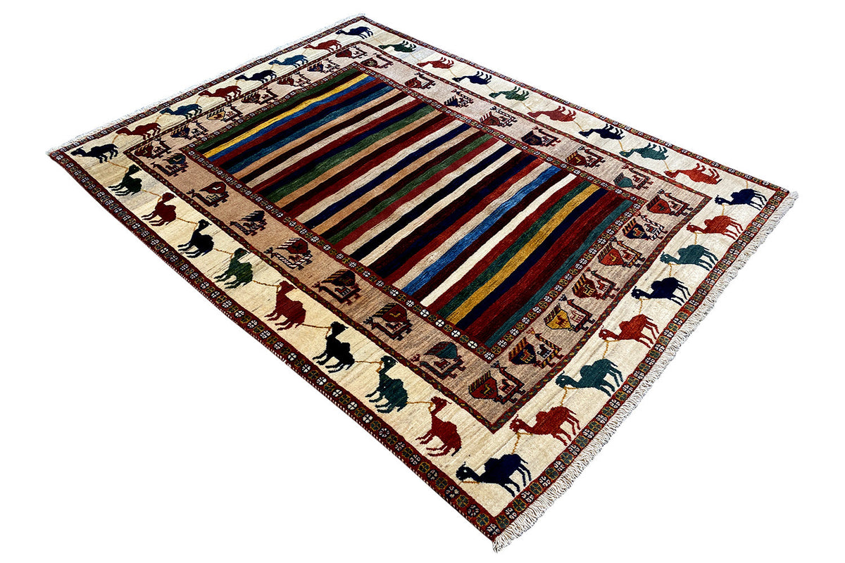 Angled oriental rug: striped field with animal ornaments and a colorful border