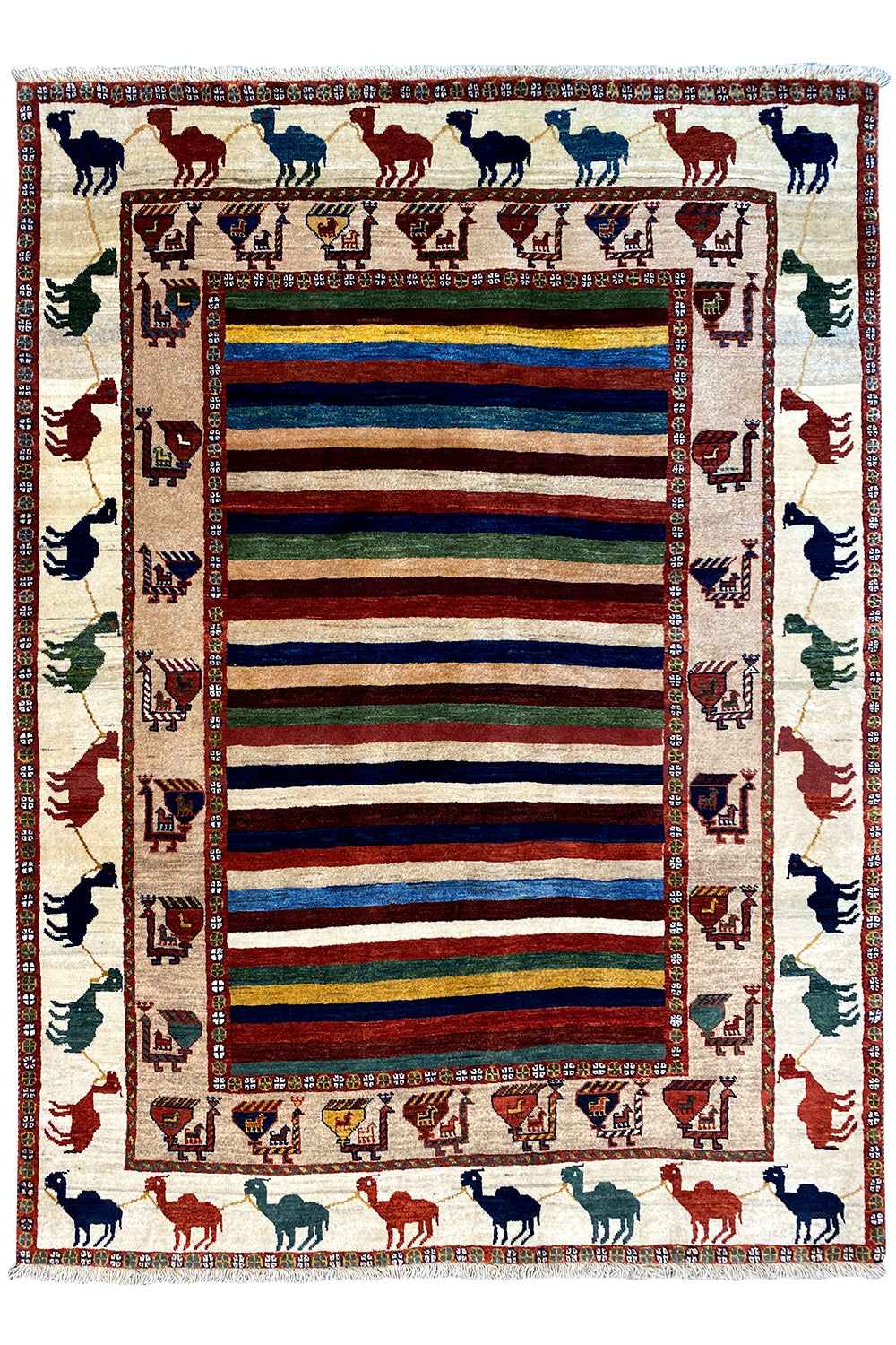 Oriental rug with animal border, multicolored stripes, and geometric frame