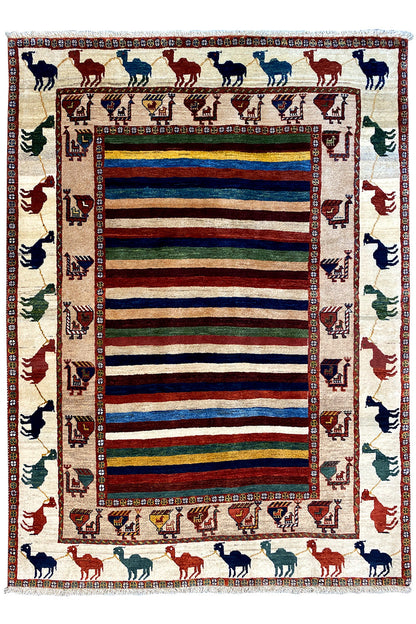 Oriental rug with animal border, multicolored stripes, and geometric frame