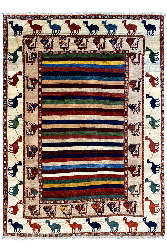 Oriental rug with animal border, multicolored stripes, and geometric frame