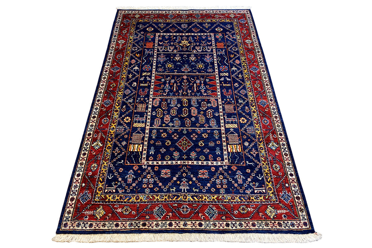 Qashqai exclusive rug, flat-woven, blue field with red border and fringes