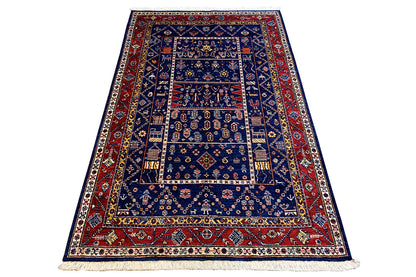 Qashqai exclusive rug, flat-woven, blue field with red border and fringes