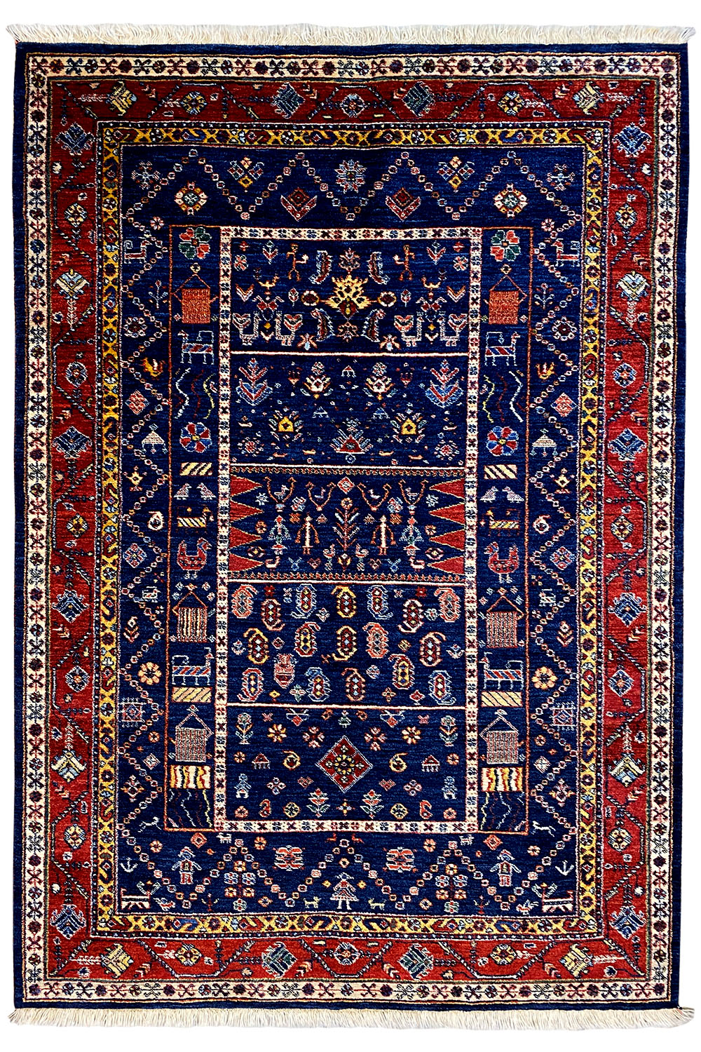 Qashqai exclusive rug, rectangular, blue center, red border, fine ornaments