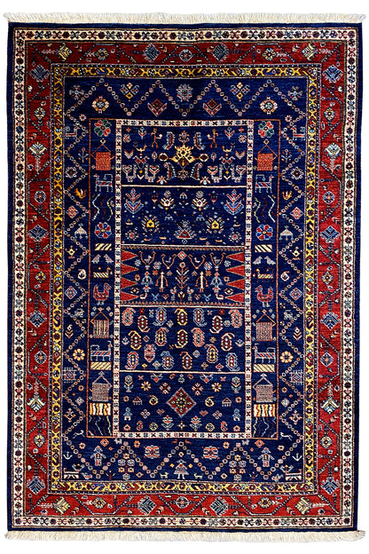 Qashqai exclusive rug, rectangular, blue center, red border, fine ornaments