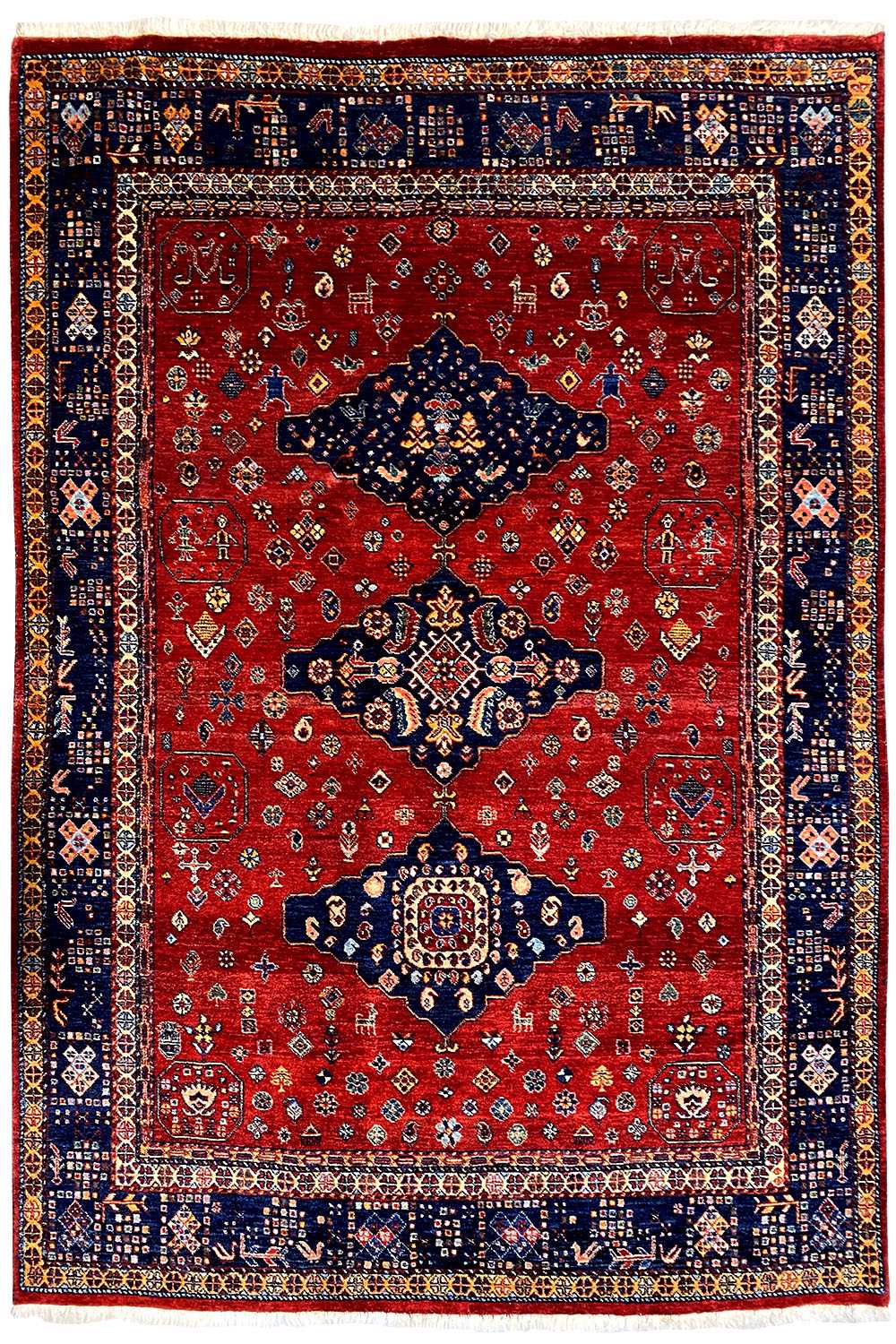 Exclusive Qashqai oriental rug: red with a dark medallion and a wide blue border frame