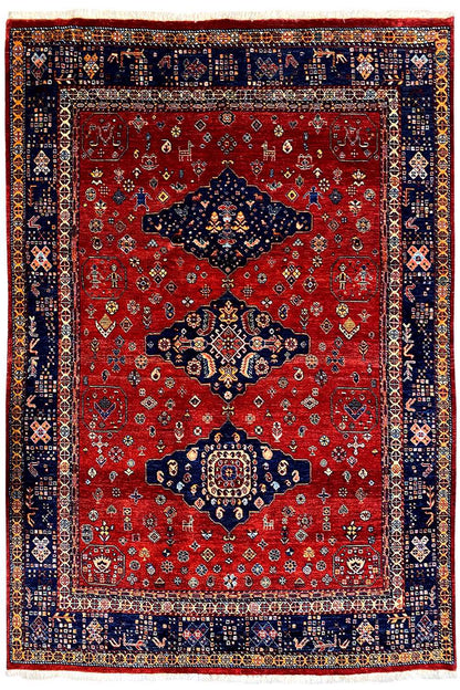 Exclusive Qashqai oriental rug: red with a dark medallion and a wide blue border frame